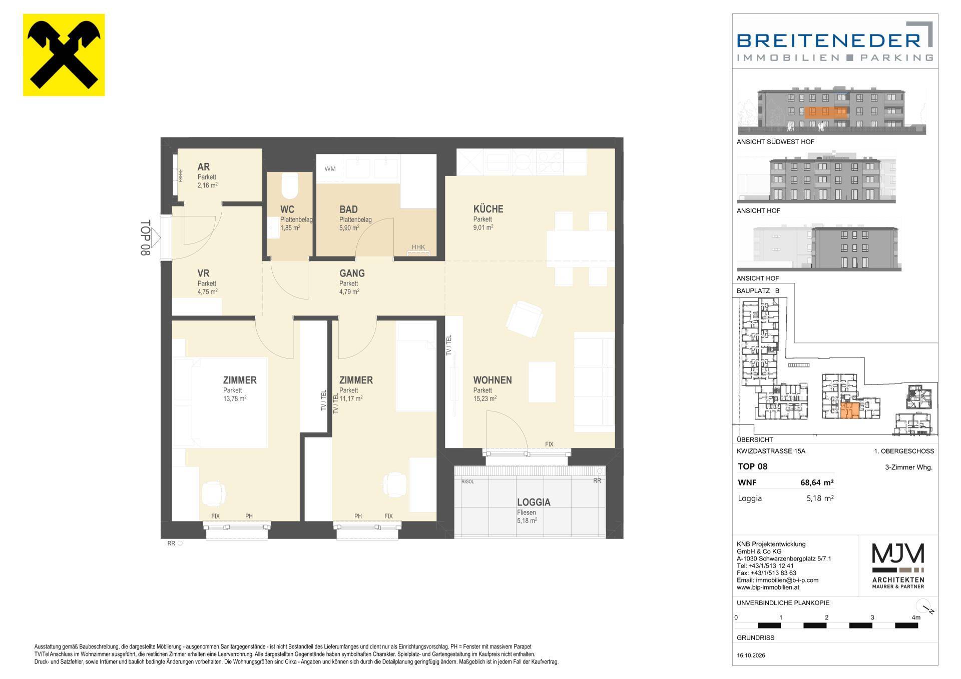Grundriss einer 3-Zimmer-Wohnung mit separater Küche, Wohnzimmer, zwei Schlafzimmern und einer Loggia.