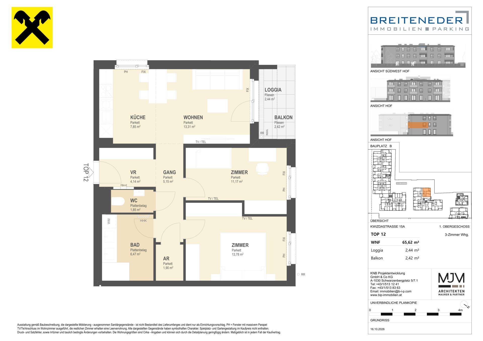 Grundriss einer 3-Zimmer-Wohnung mit offener Küche, Wohnbereich, zwei Zimmern, Bad, separatem WC, Loggia und Balkon.
