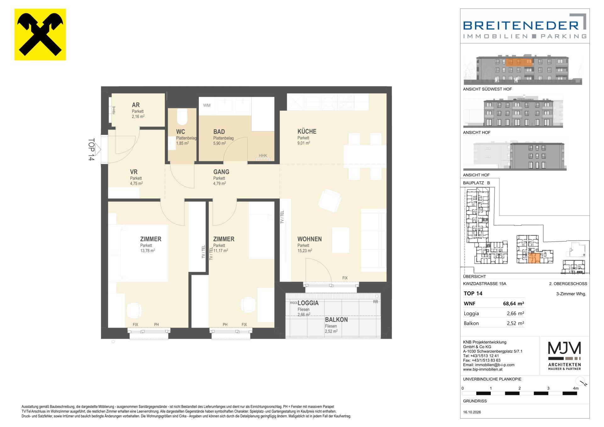 Grundriss einer Wohnung im zweiten Obergeschoss mit Wohnzimmer, Küche, zwei Schlafzimmern, Bad, WC, Loggia und Balkon.