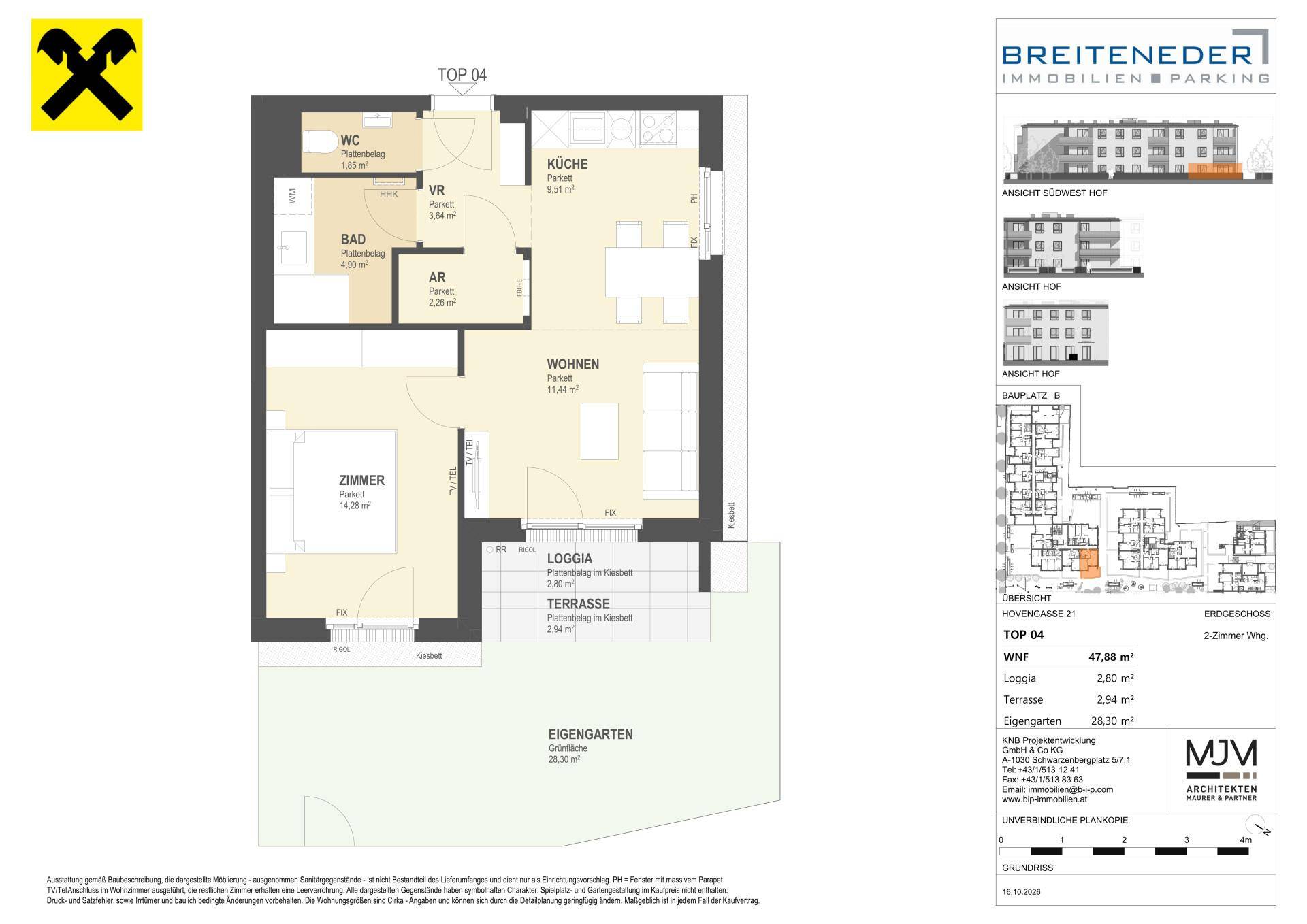 Detaillierter Grundriss einer 2-Zimmer-Wohnung mit Loggia, Terrasse und eigenem Garten.