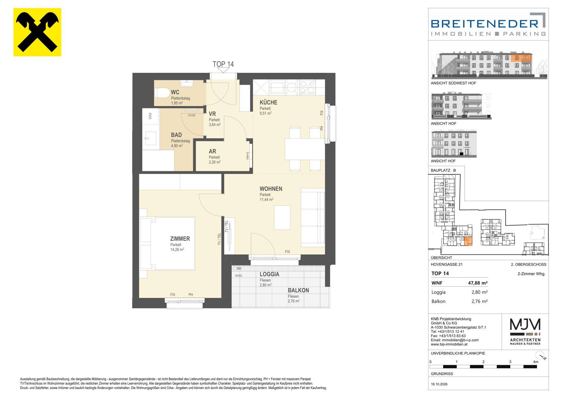Grundriss einer 2-Zimmer-Wohnung mit separater Küche, Wohnzimmer, Schlafzimmer, Bad, WC, Abstellraum, Loggia und Balkon.