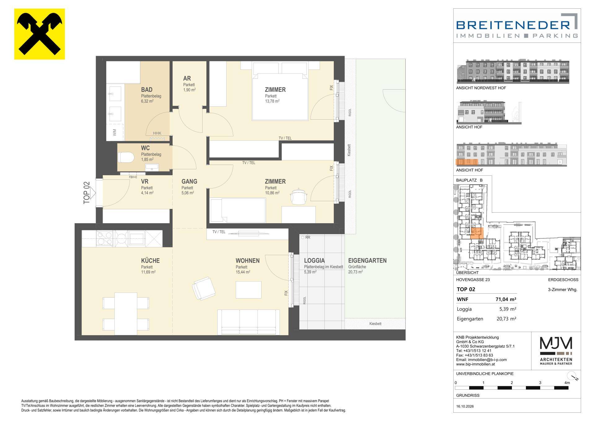 Grundriss einer 3-Zimmer-Wohnung mit Loggia, eigenem Garten, Parkettboden und Fliesen in Bad und WC.