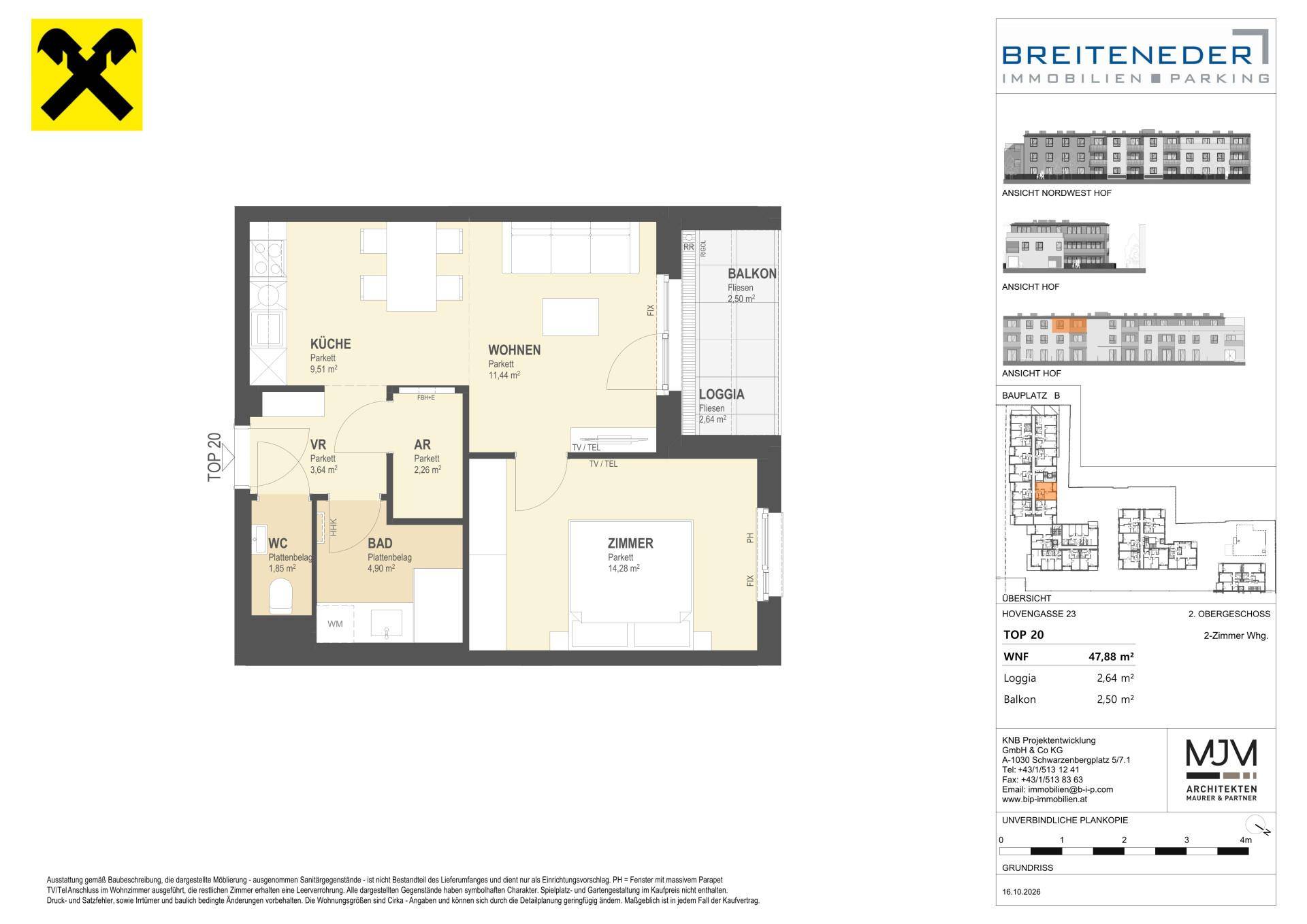 Grundriss einer 2-Zimmer-Wohnung mit offener Küche, Wohnbereich, Schlafzimmer, Bad, WC, Loggia und Balkon.