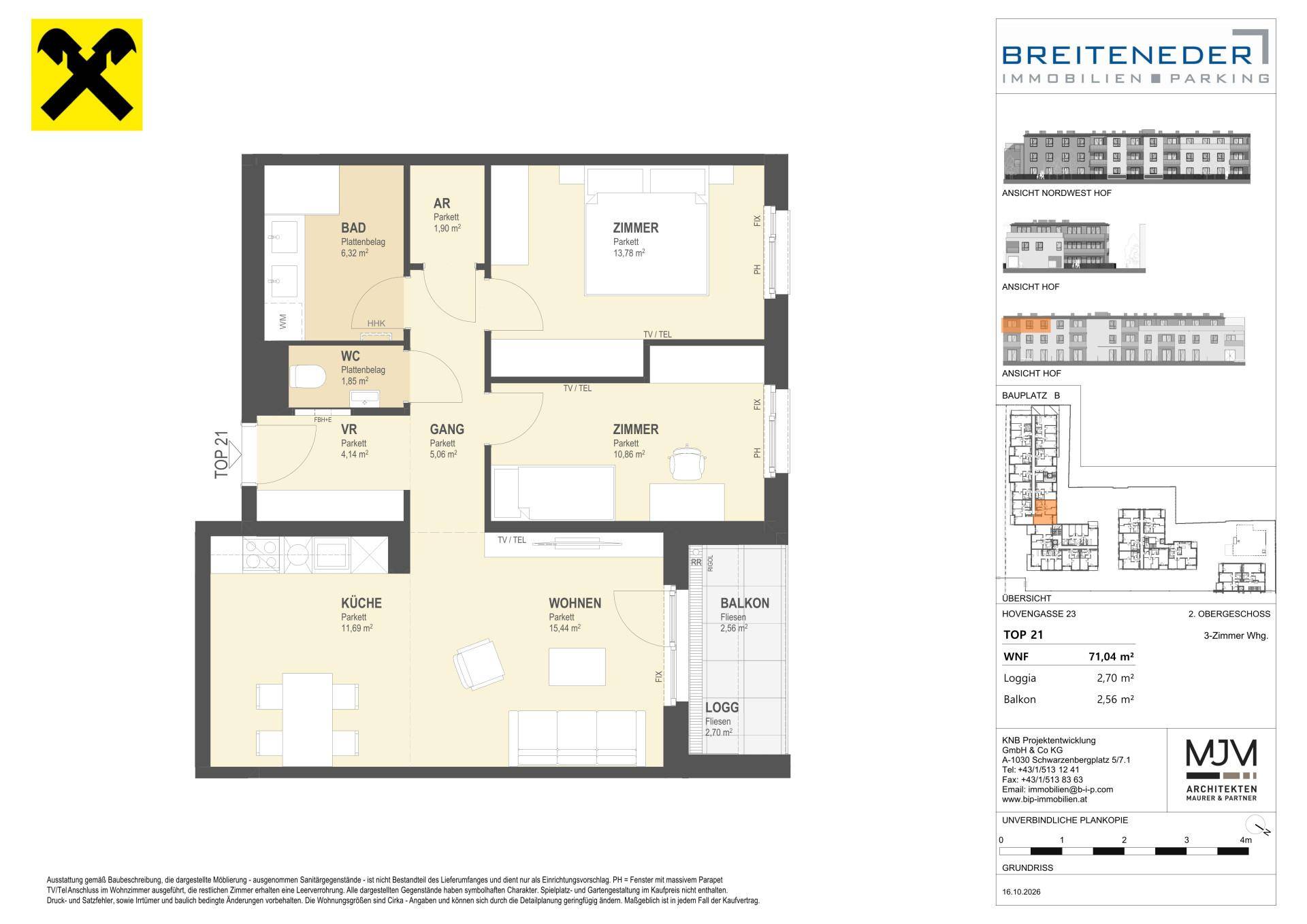 Grundriss einer 3-Zimmer-Wohnung mit Balkon, Loggia, separatem WC und Abstellraum.