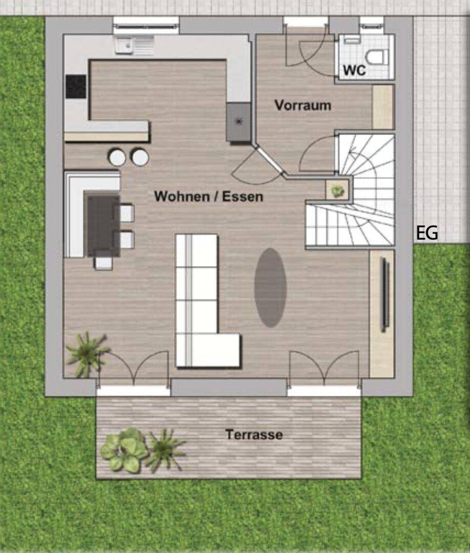 Grundriss des Erdgeschosses mit offenem Wohn-/Essbereich, Küche, WC und Terrasse.