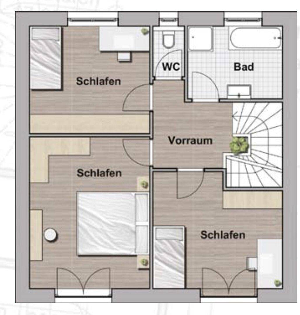 Grundriss des Obergeschosses mit drei Schlafzimmern, einem Badezimmer und separatem WC.