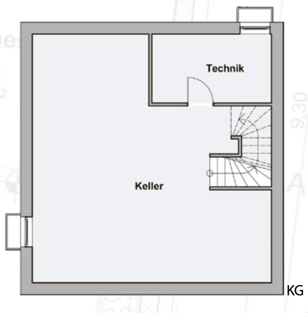 Grundriss des Kellergeschosses mit großem Kellerraum und Technikraum sowie Treppenaufgang.