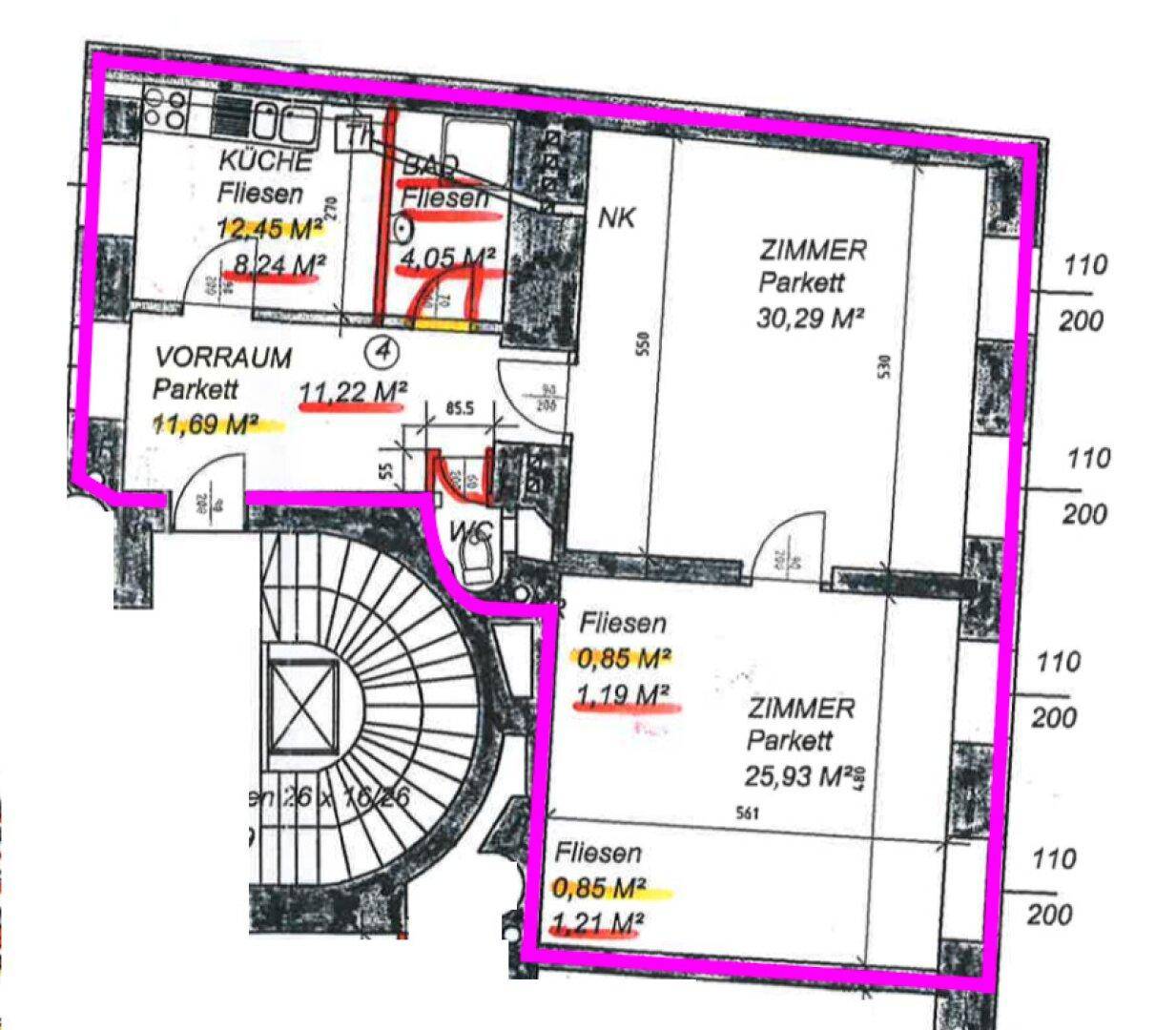 Detaillierter Grundriss der Wohnung mit Raumaufteilung und Flächenangaben.
