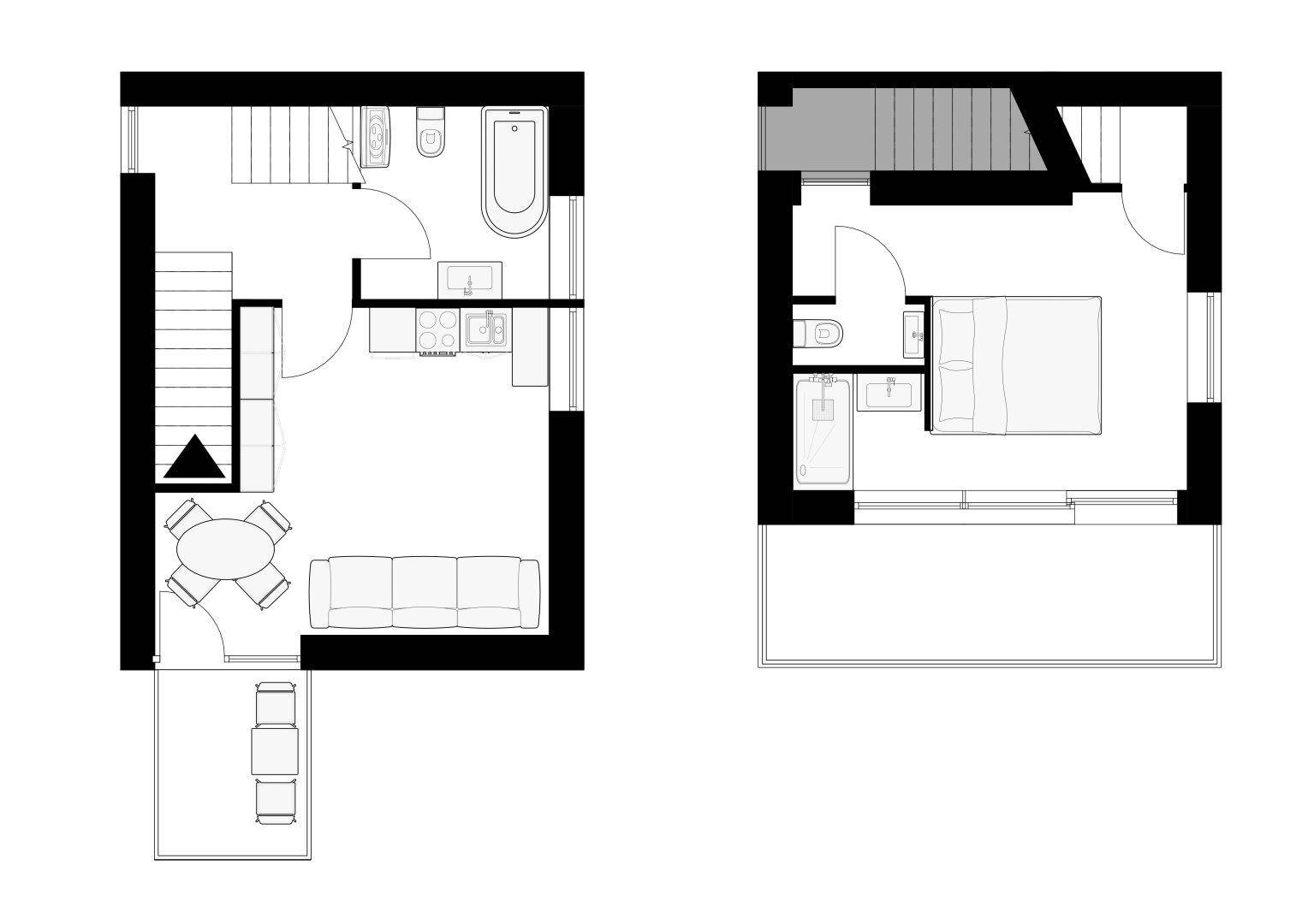 Grundrisspläne für zwei Ebenen mit Wohnbereich, Küche, Bad und Schlafzimmer.