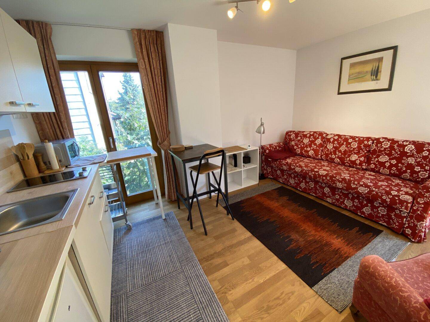 Heller Wohnbereich mit integrierter Küchenzeile, Sofa und Zugang zum Außenbereich.