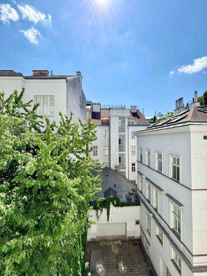 Sonniger Innenhof mit Bäumen und Blick auf die umliegenden Gebäude und einen Aufzug.