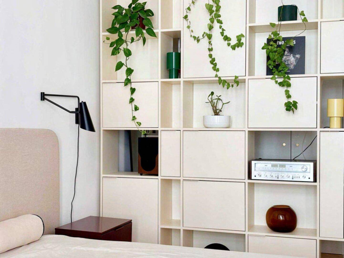 Detailansicht des Bücherregals mit Pflanzen und Dekoration im Schlafzimmer, das eine gemütliche Atmosphäre schafft.