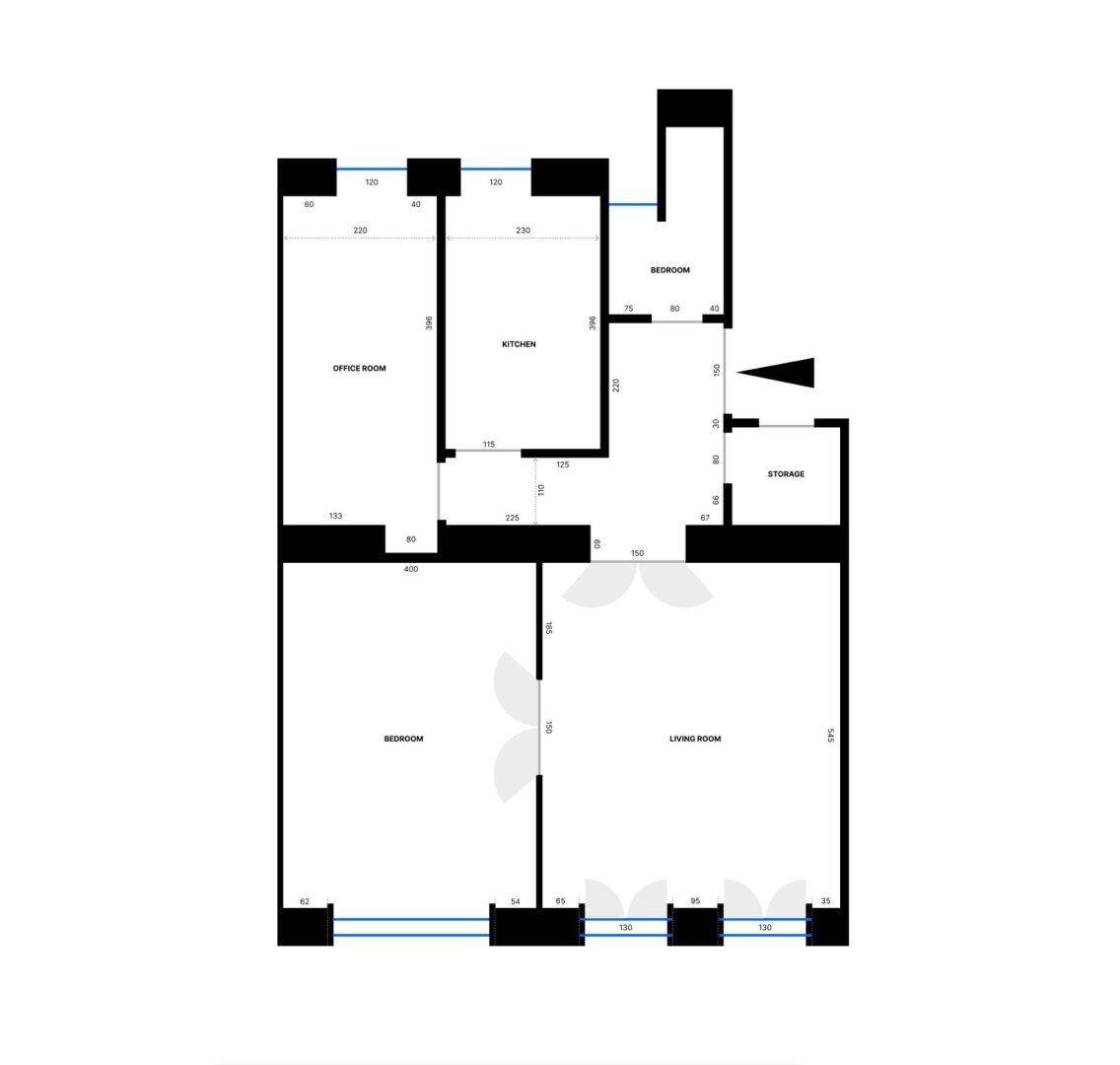 Grundriss der Wohnung mit Aufteilung in Schlafzimmer, Küche, Büro, Wohnzimmer und Abstellraum.