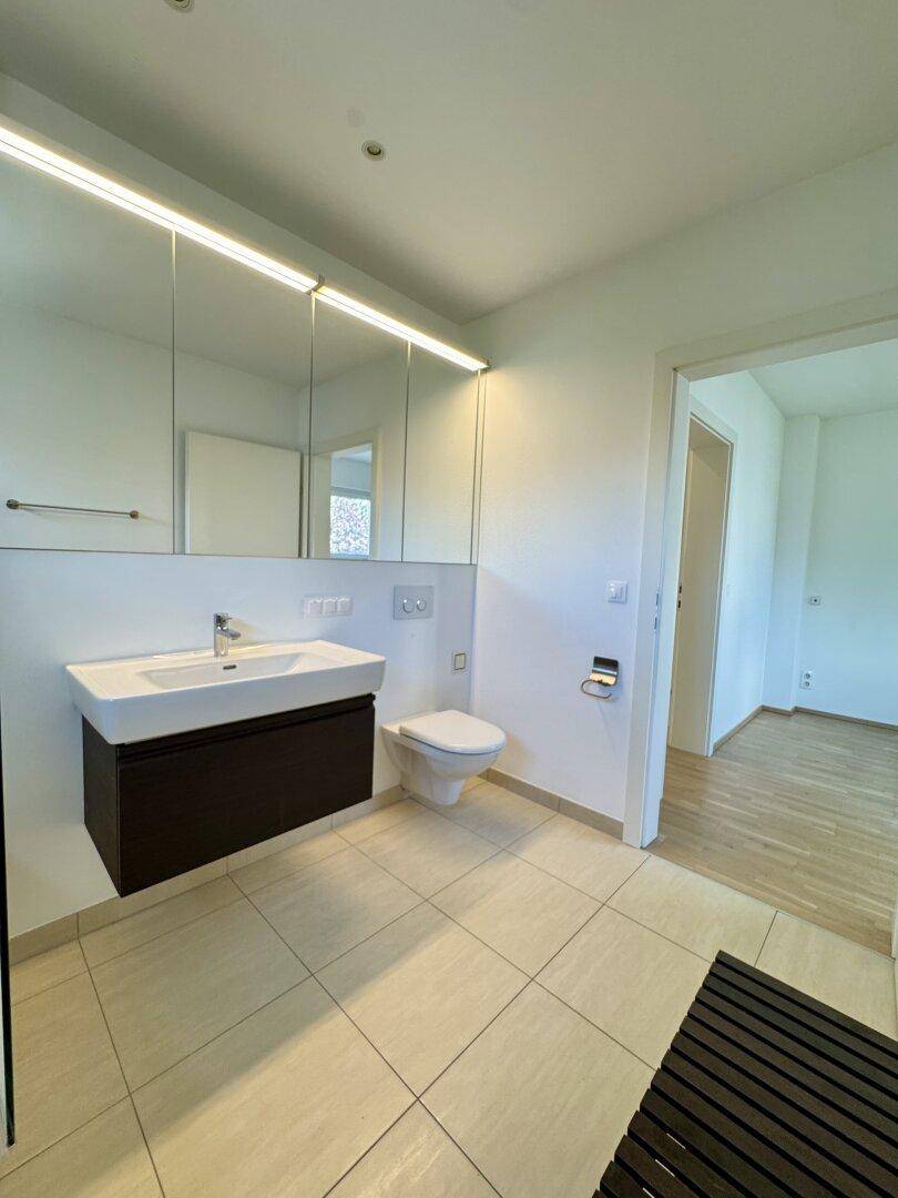 Modernes Badezimmer mit Duschbereich, Waschbecken und Spiegelschrank.