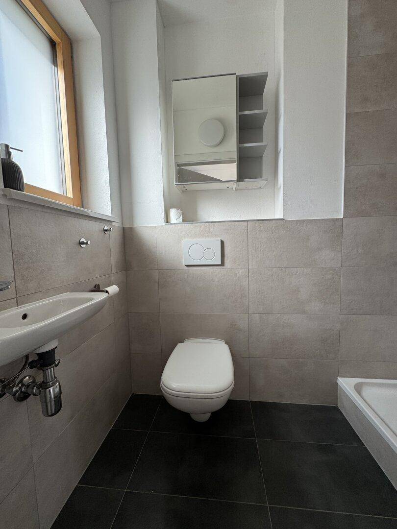 Modernes Badezimmer mit Wand-WC, Waschbecken und Spiegelschrank.