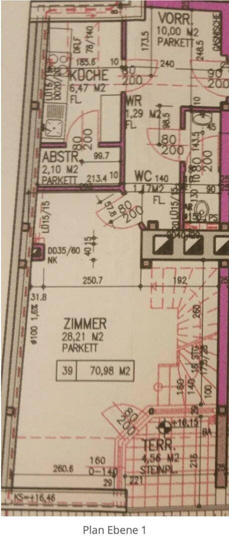 Grundriss des ersten Stockwerks mit Küche, Zimmer, Abstellraum, WC und einer Terrasse.