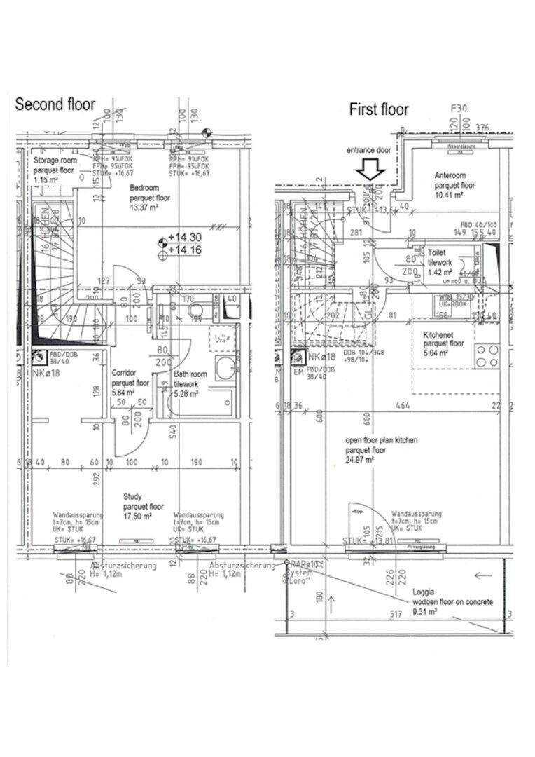 Grundrissplan zeigt die Aufteilung des ersten und zweiten Obergeschosses mit Zimmern und Loggia.