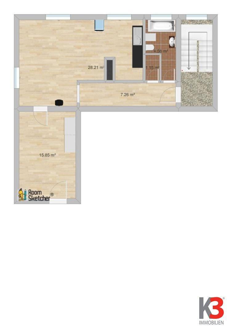 Grundrissplan zeigt die Aufteilung der Räume mit Wohnbereich, Schlafzimmer und Badezimmer.