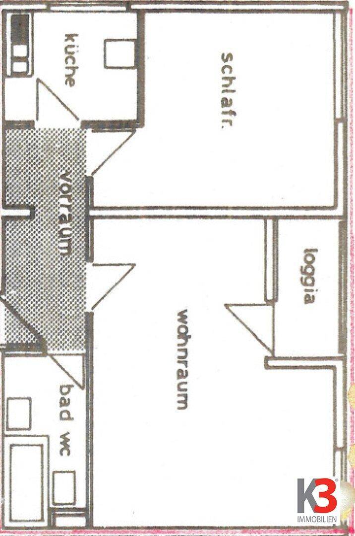 Grundrissplan mit Aufteilung in Küche, Schlafzimmer, Wohnraum, Bad und Loggia.