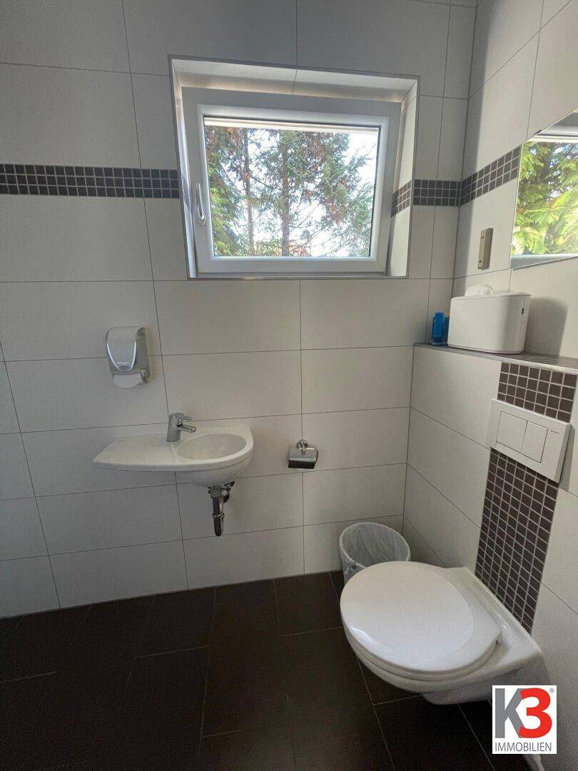 Helles Badezimmer mit WC, kleinem Waschbecken und Fenster, ausgestattet mit modernen Fliesen.