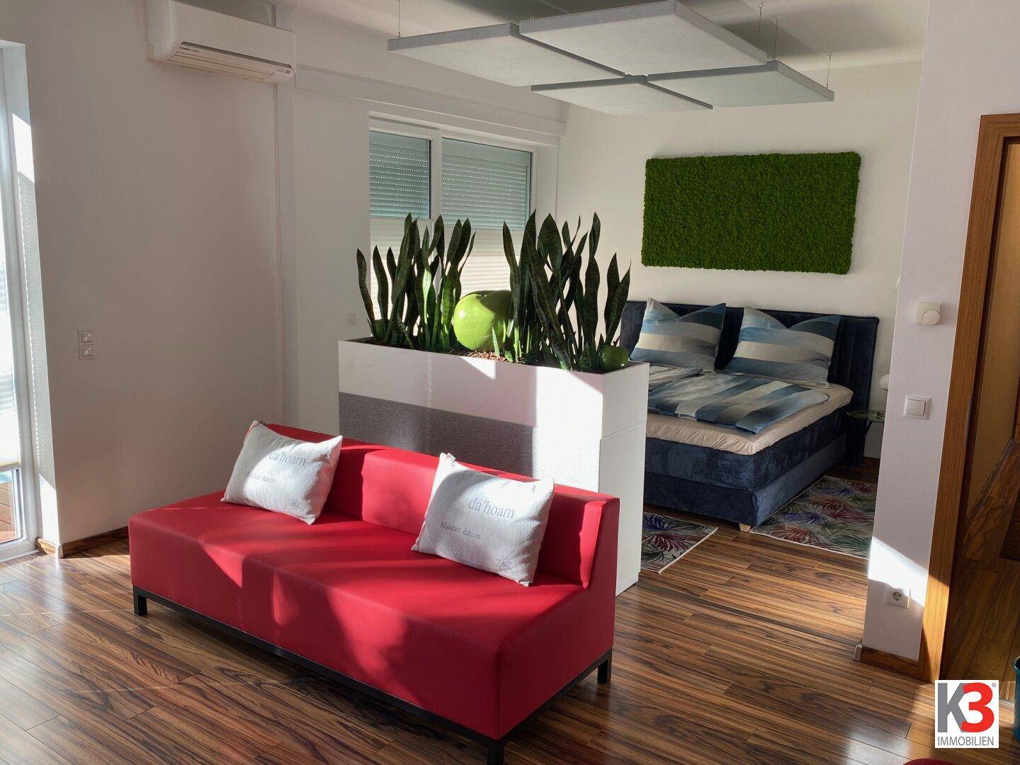 Offener Wohnbereich mit rotem Sofa, Pflanzen und Blick auf den Schlafbereich.