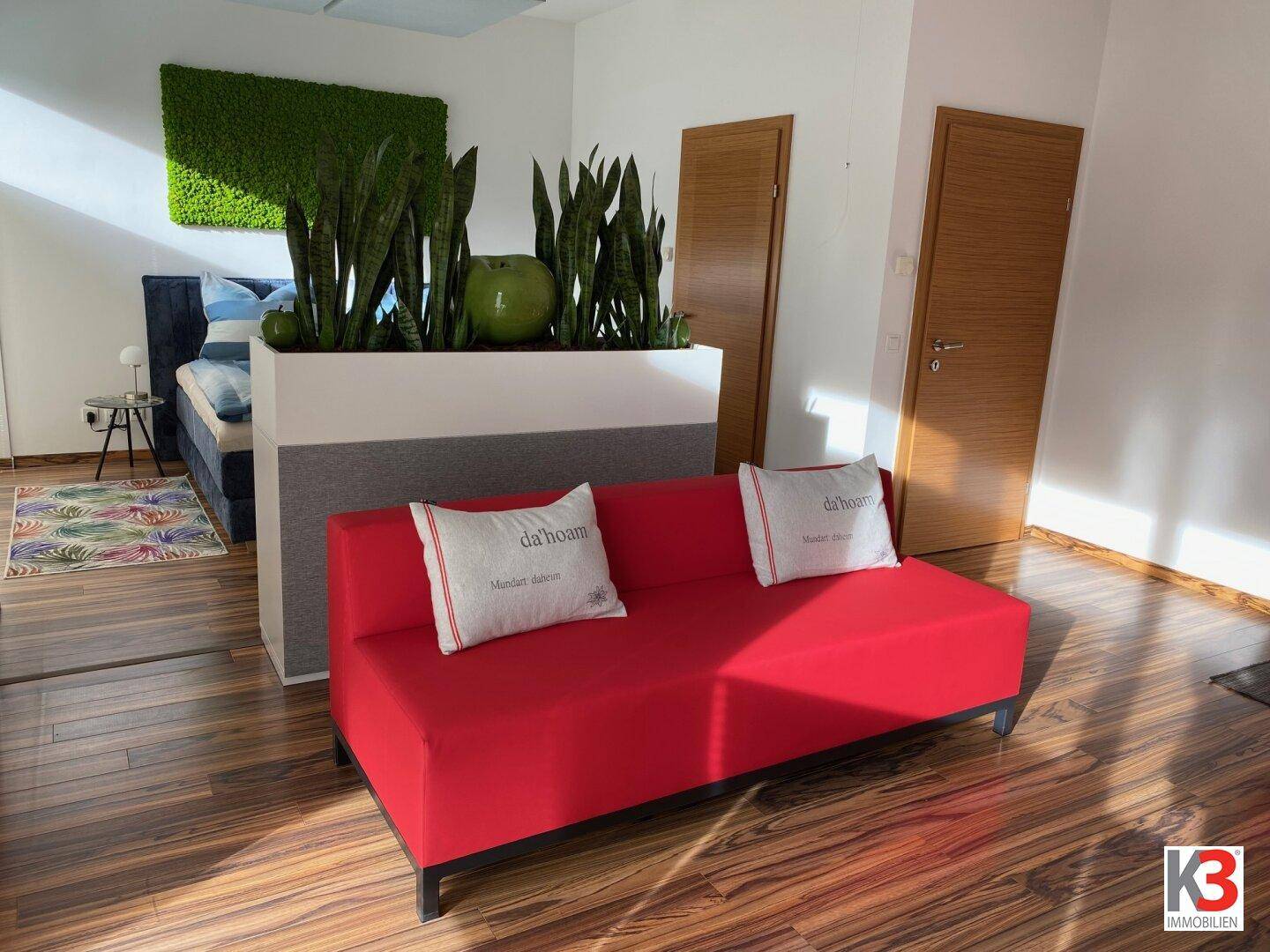 Moderner Wohnbereich mit rotem Sofa, Pflanzen als Raumteiler und Schlafbereich im Hintergrund.