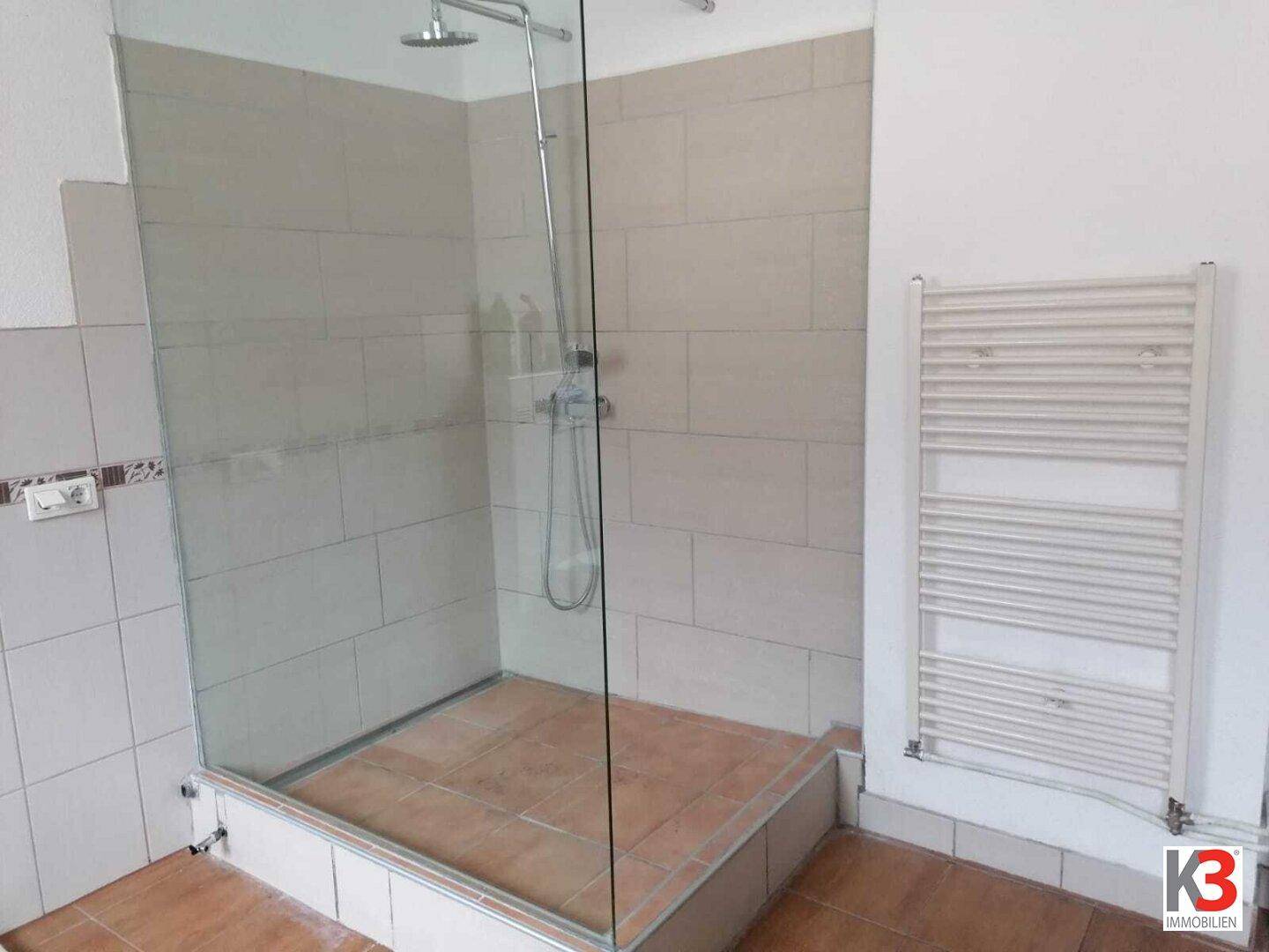 Modernes Badezimmer mit ebenerdiger Dusche, Glaswand und beheiztem Handtuchhalter.