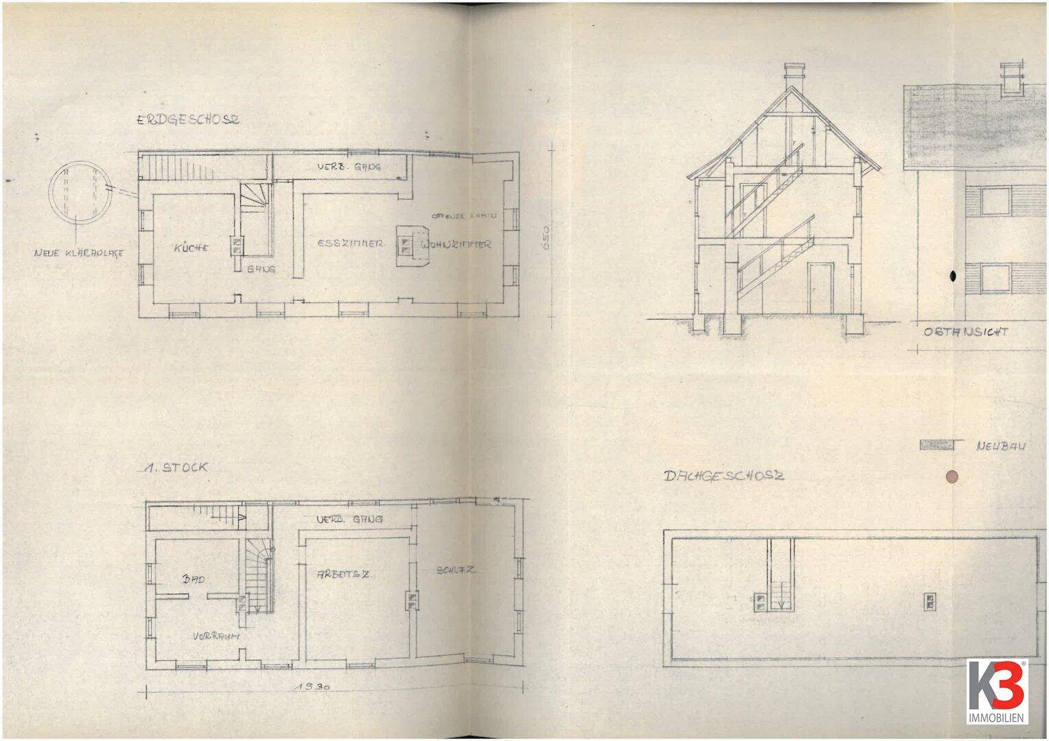 Historischer Grundriss des Erdgeschosses, 1. Stocks und Dachgeschosses mit Schnittansicht.