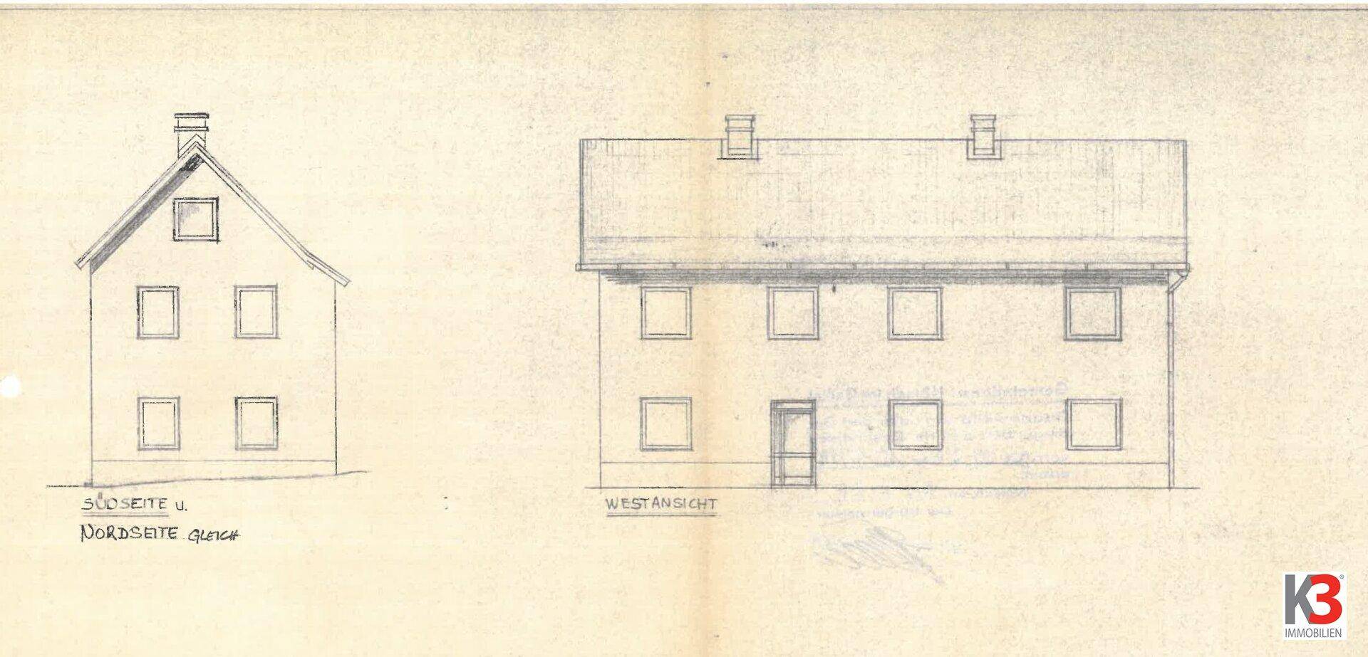 Architektonische Zeichnung der Süd- und Westansicht des Gebäudes mit Fensterdetails.