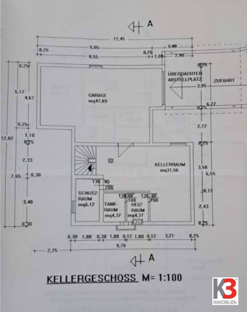 Grundriss des Kellergeschosses mit Garage, Kellerräumen, Schutzraum, Tankraum und Heizraum.