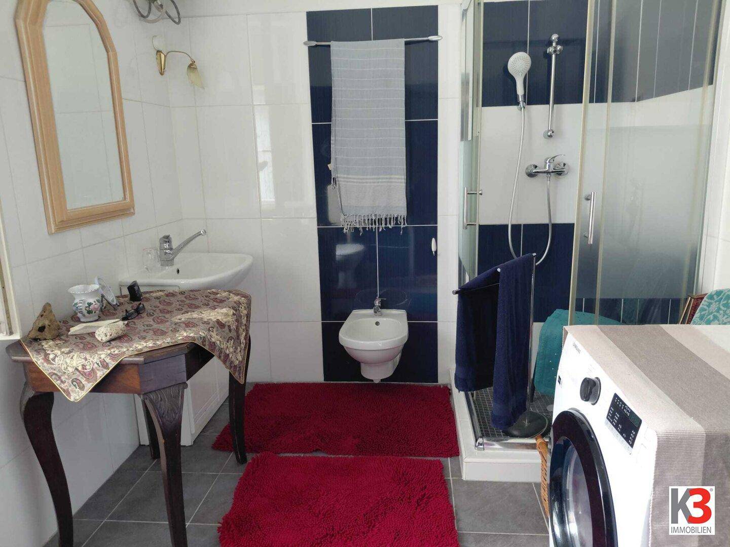 Badezimmer mit Dusche, Bidet, Waschbecken und Waschmaschine in blauen und weißen Fliesen.