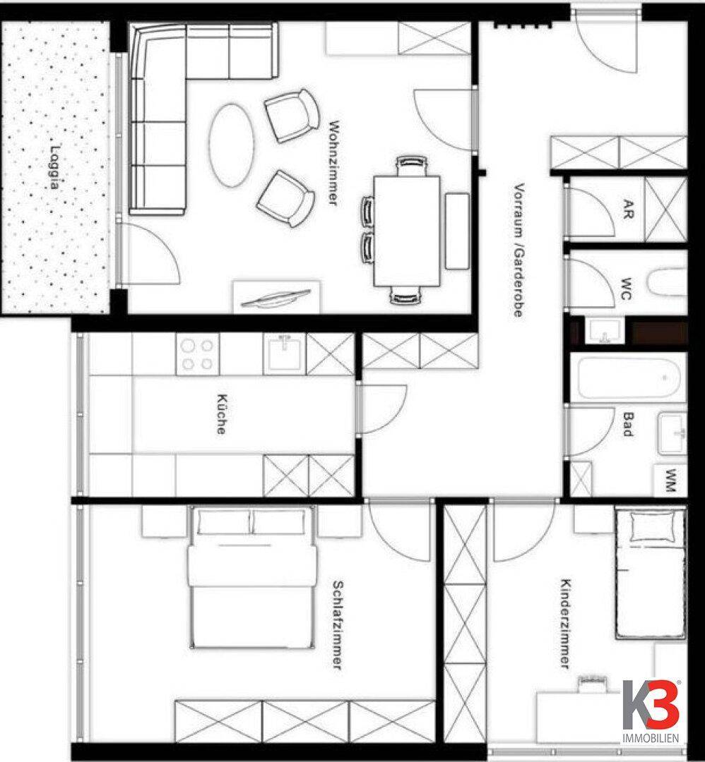 Grundriss der Wohnung mit Wohnzimmer, Küche, Schlafzimmer, Kinderzimmer und Loggia.
