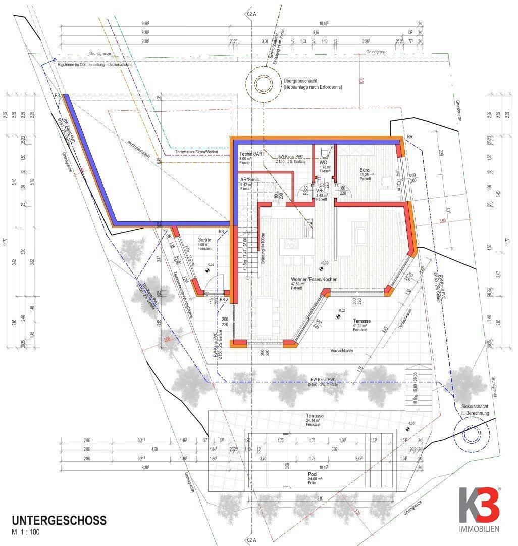Grundriss des Untergeschosses mit offenem Wohn-Essbereich, Terrasse und Poolbereich.