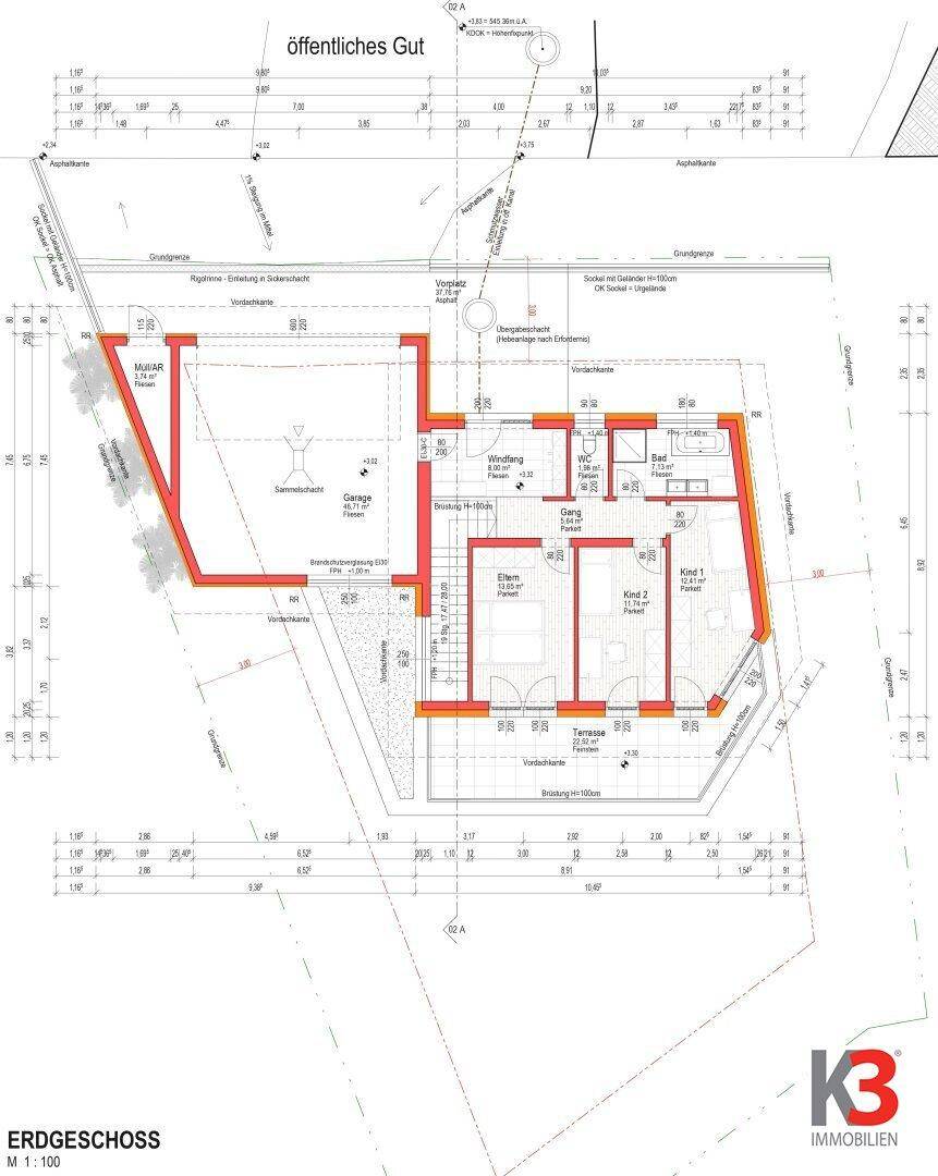 Grundriss des Erdgeschosses mit Schlafzimmern, Bad und Zugang zur Terrasse.