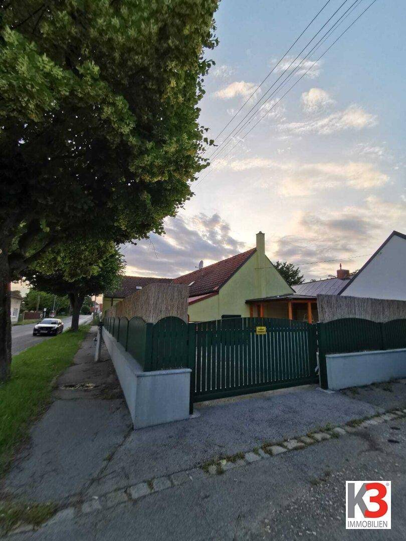 Blick von der Straße auf das charmante Haus mit grünem Zaun und altem Baumbestand.