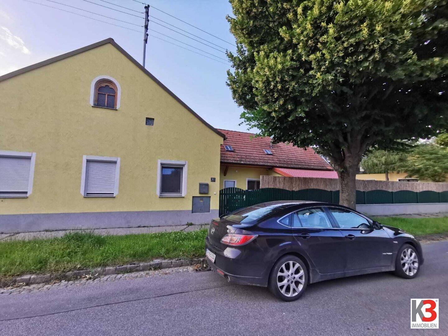 Die gelbe Hausfassade von der Straße aus mit geparktem Auto und einem großen Baum.