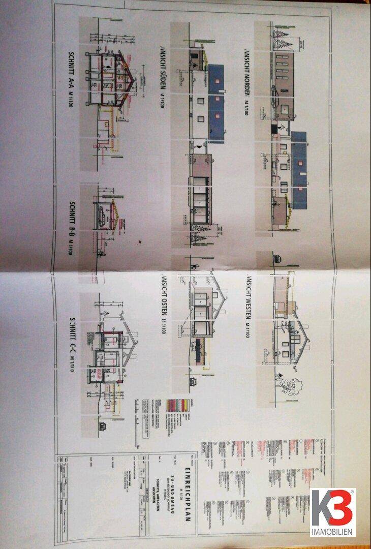 Verschiedene Schnitt- und Ansichtspläne des Gebäudes mit detaillierten Maßen.
