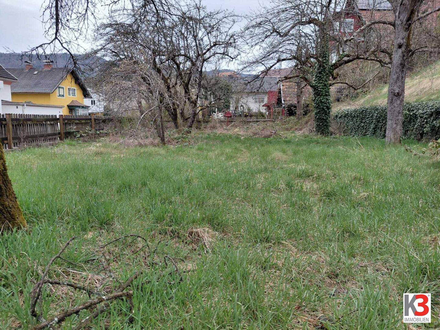 Weitläufige Rasenfläche mit alten Bäumen und Blick auf die umliegenden Häuser und die Landschaft.