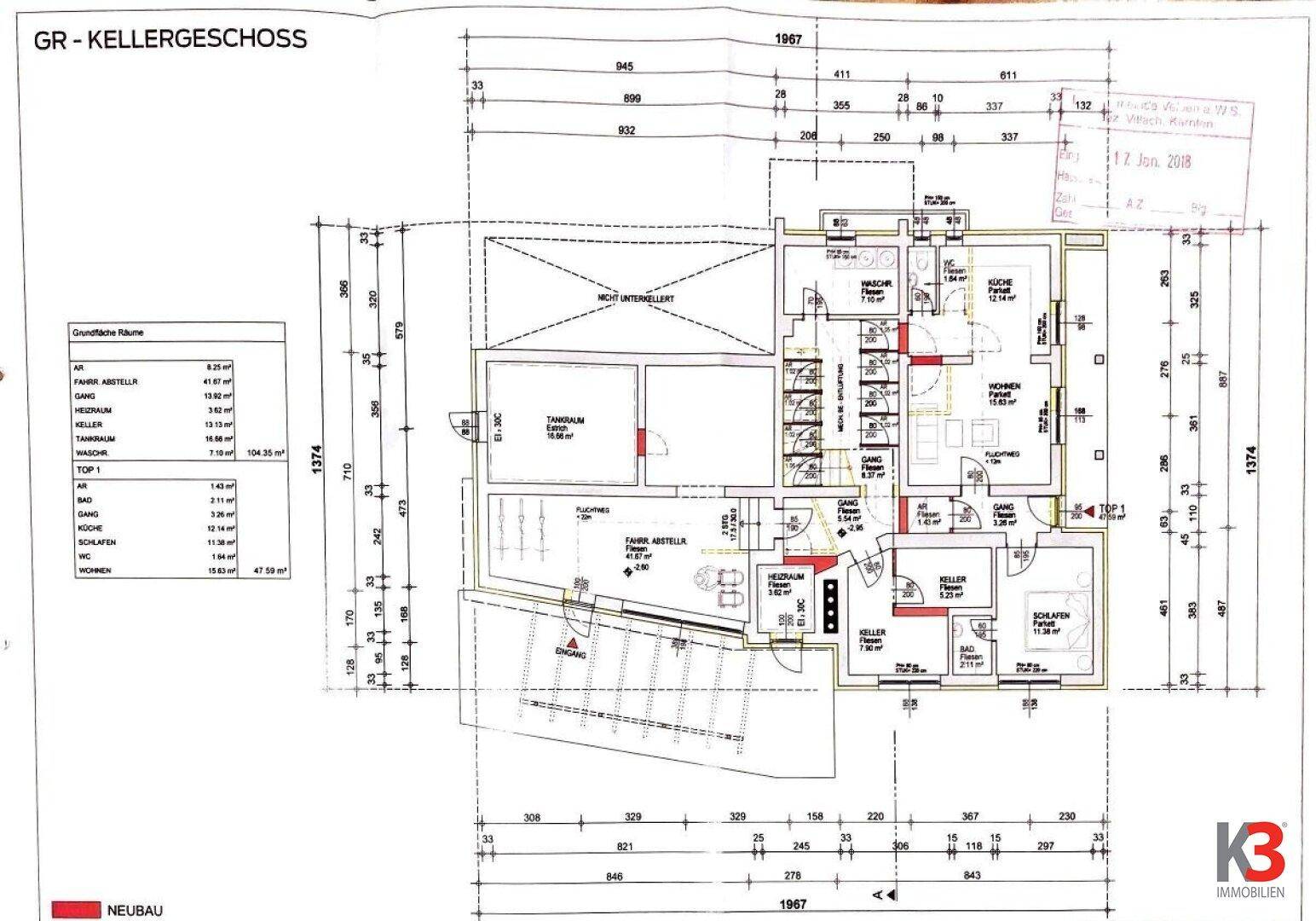 Grundriss des Kellergeschosses mit Abstellräumen, Technikraum und weiteren Nutzflächen.