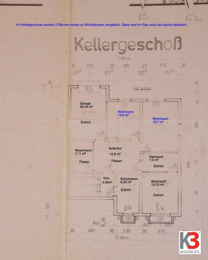 Grundriss des Kellergeschosses mit Garage, Waschraum und weiteren Räumen.