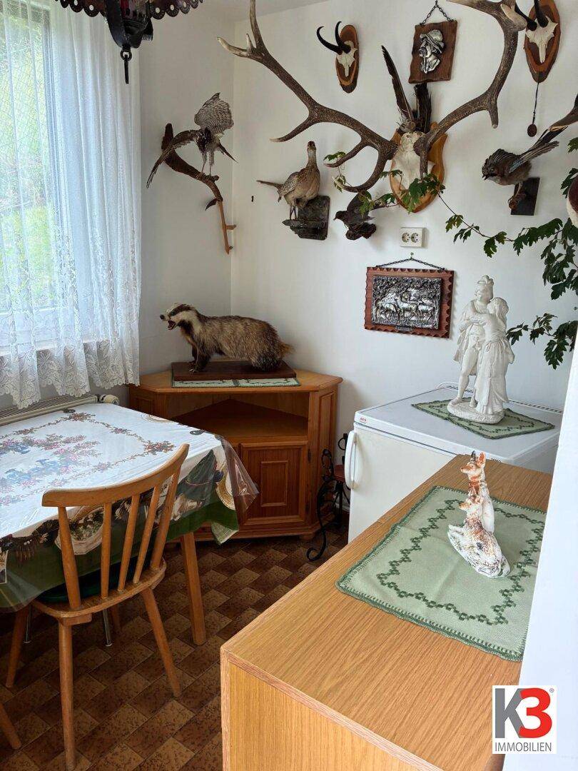Gemütlicher Essbereich mit Fenster, Tisch und Stühlen, dekoriert mit Jagdtrophäen und Taxidermie.