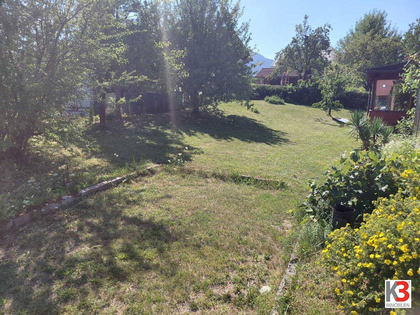 Großer, sonniger Garten mit Rasenfläche, alten Bäumen und blühenden Sträuchern, ideal zum Entspannen.
