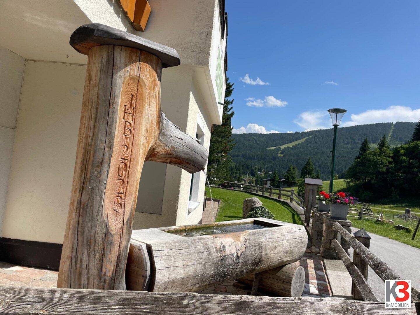Rustikaler Holzbrunnen vor einer Bergkulisse mit grünen Hängen und blauem Himmel.