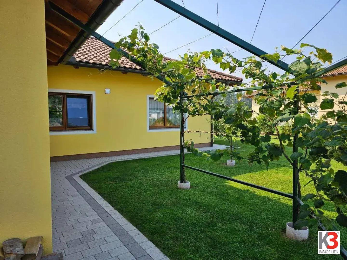 Gepflegter Gartenbereich mit gepflastertem Weg und einer Pergola mit Weinreben.