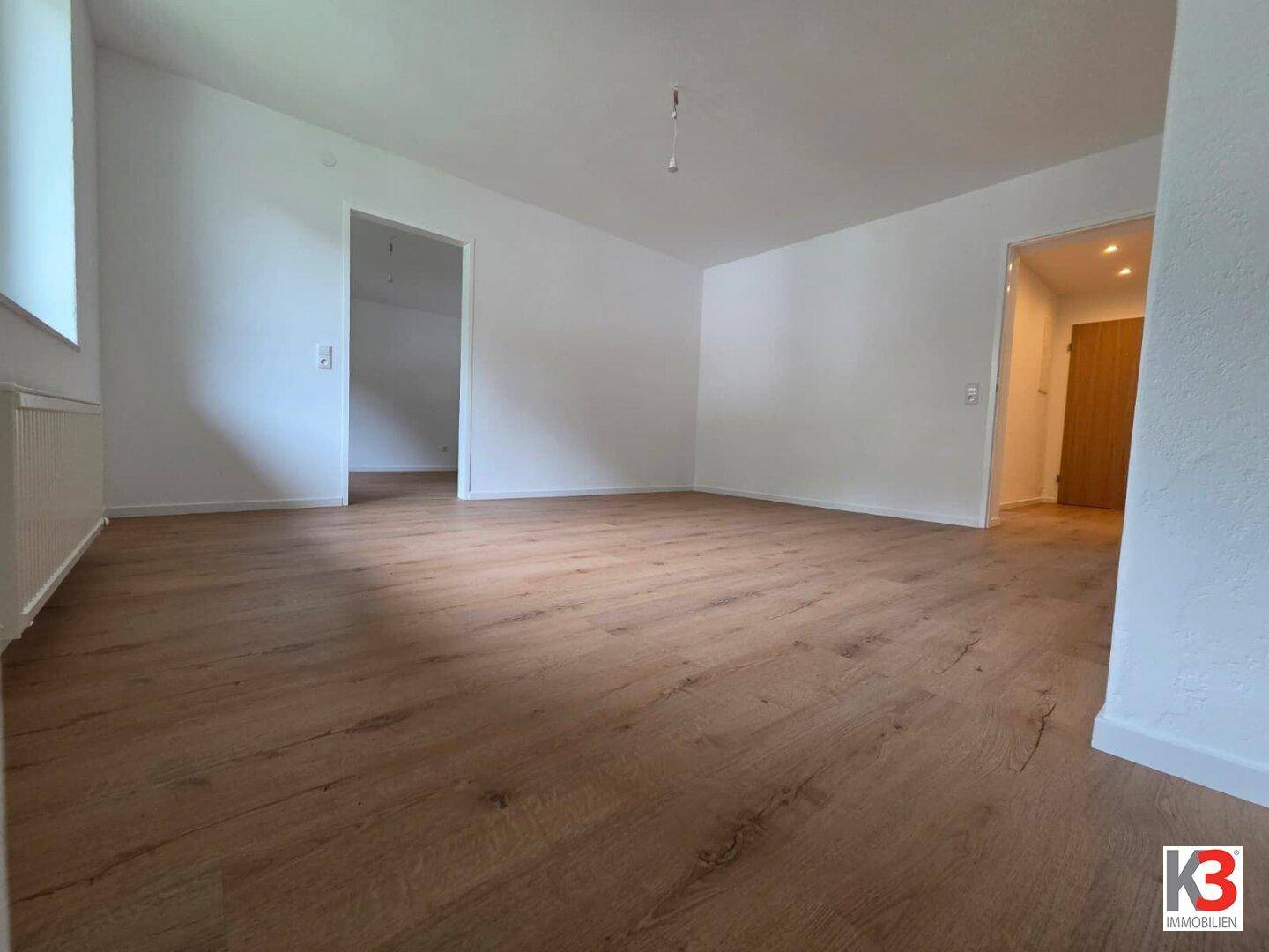 Leerer Raum mit Laminatboden, weißen Wänden und mehreren Türöffnungen.