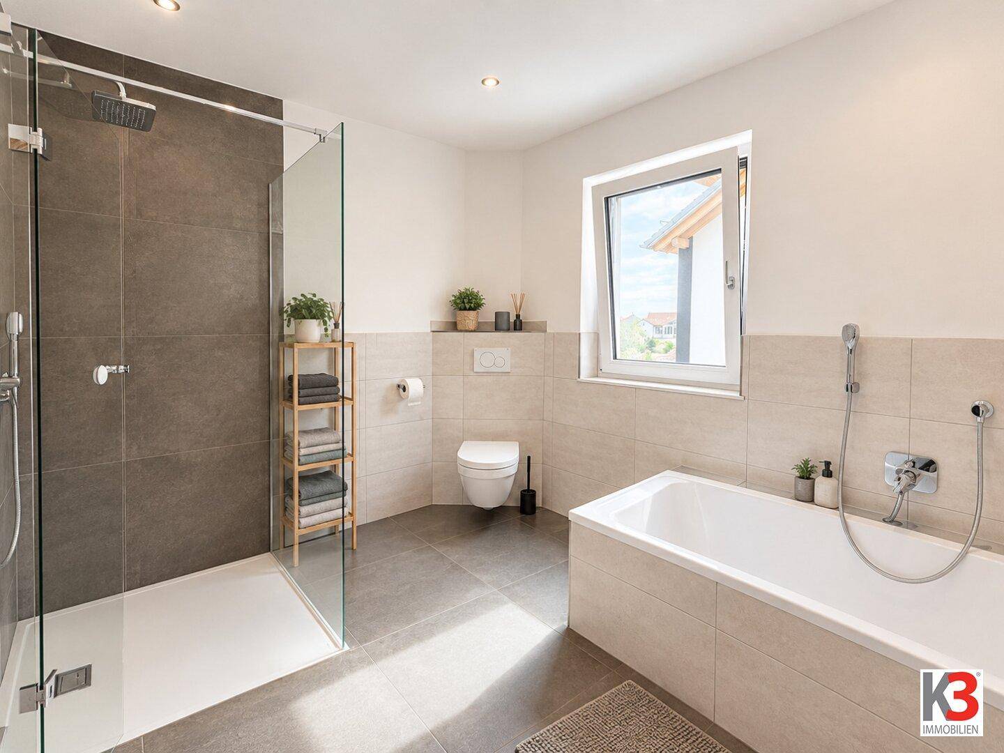 Modernes Badezimmer mit Badewanne, ebenerdiger Dusche und Fenster.