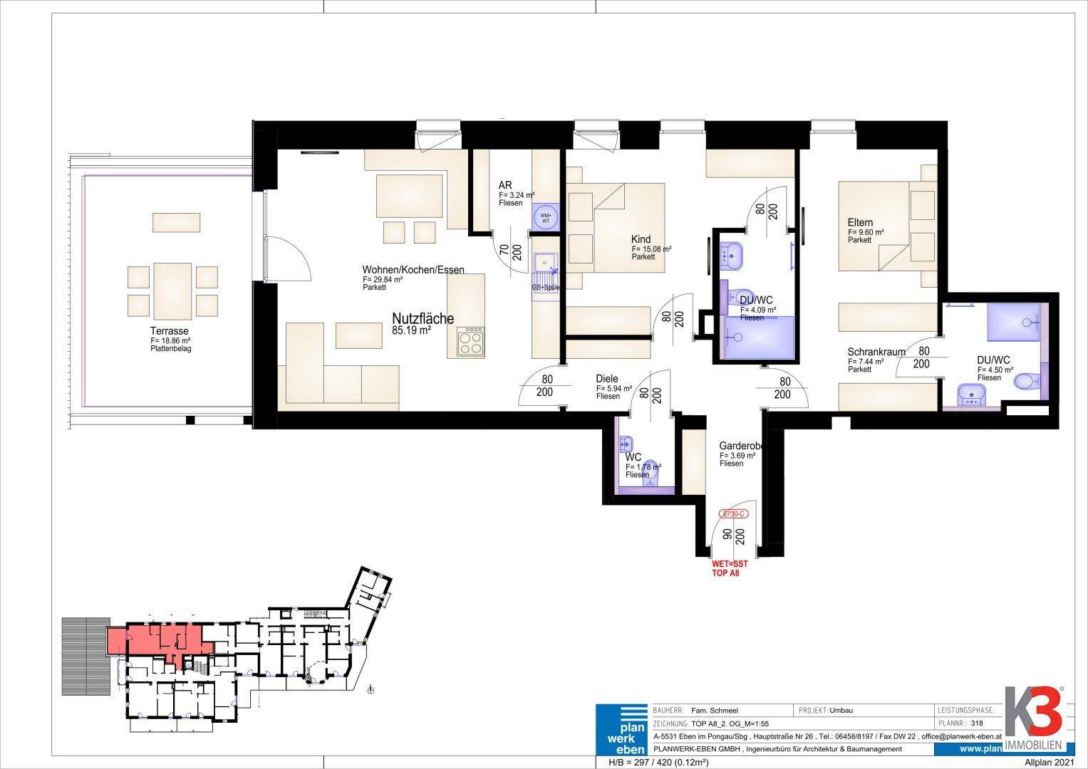 Detaillierter Grundriss einer Wohnung mit Terrasse und mehreren Zimmern.