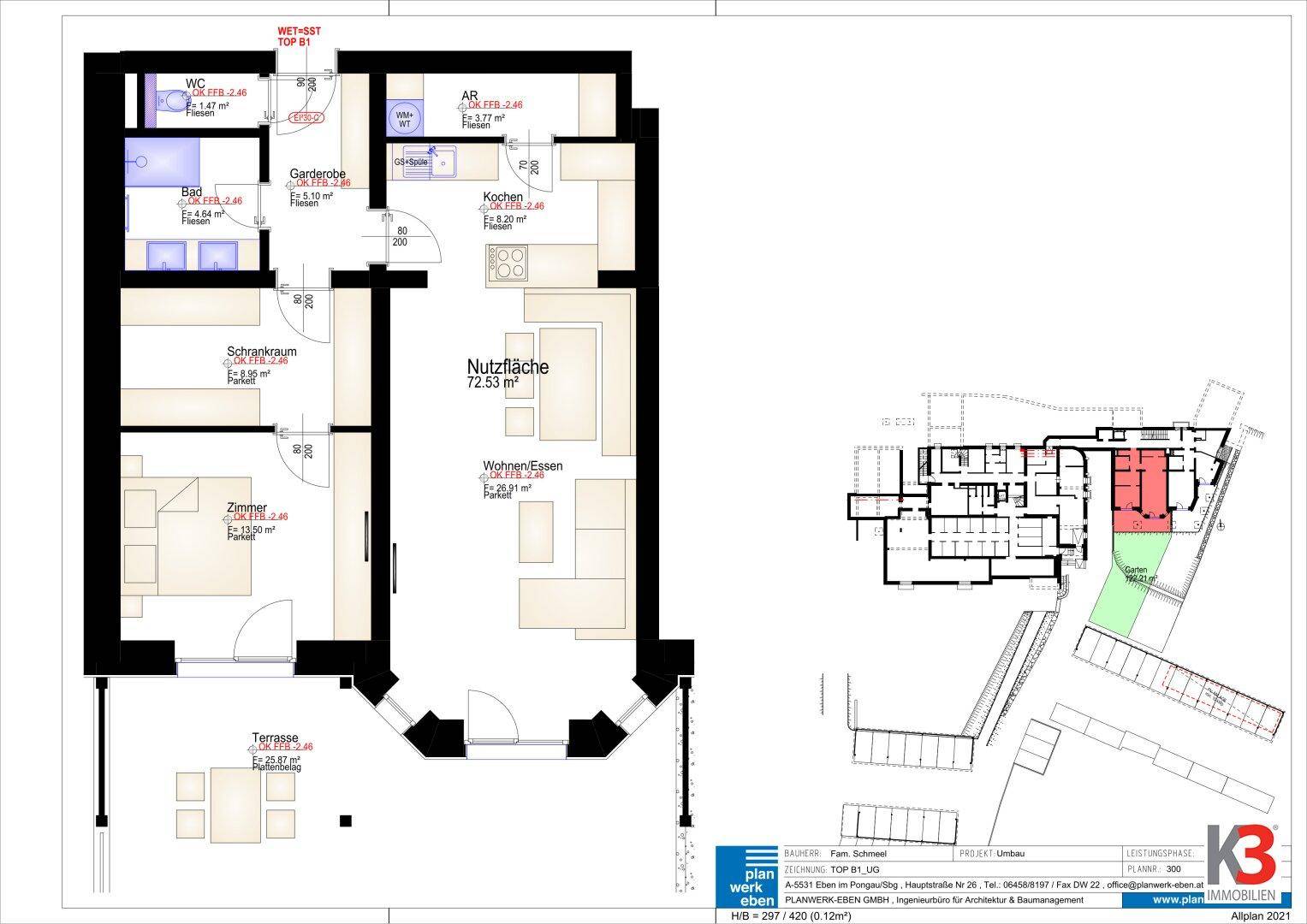 Detaillierter Grundriss mit Wohn-Essbereich, Schlafzimmern und Terrasse.