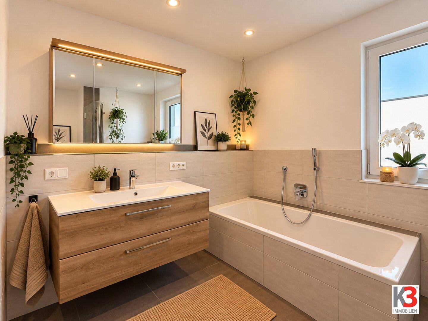 Modernes Badezimmer mit Badewanne, Holzwaschtisch und großem Spiegelschrank.