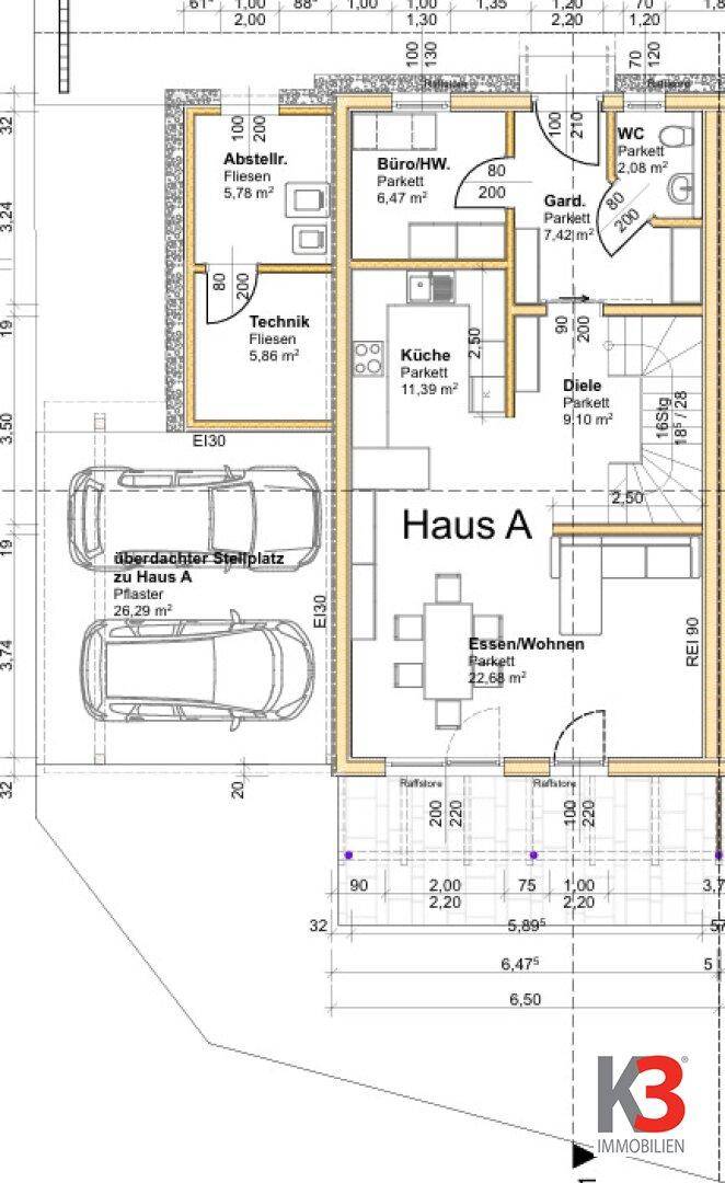 Grundriss des Erdgeschosses von Haus A mit offenem Wohn-Essbereich und Carport.